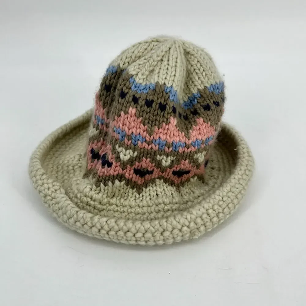 Free People High Road Fairisle Bucket Hat One Size Knit Pink Cream Blue Tan